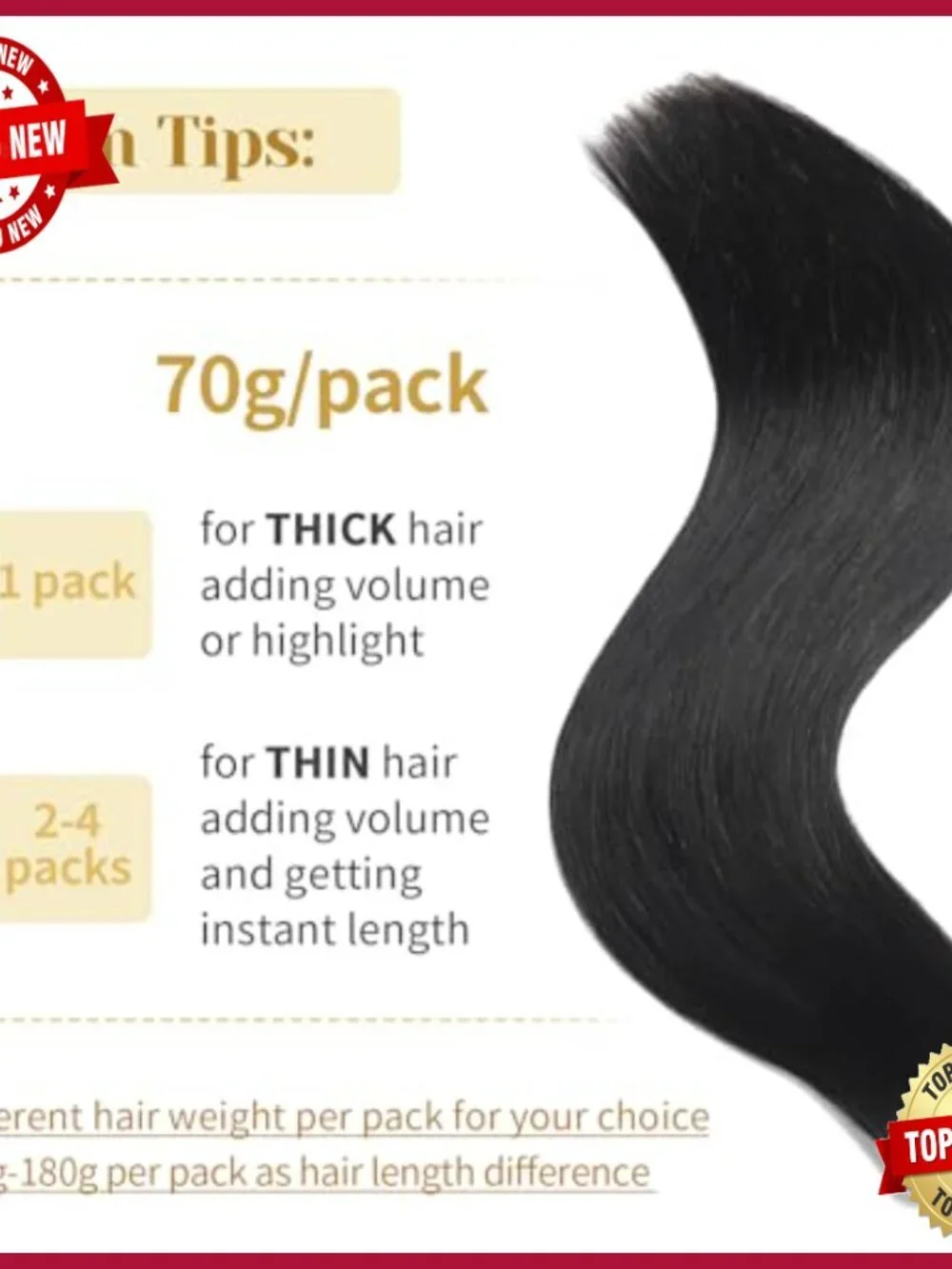 24 Inch Clip-In Human Hair Extensions, 7pcs 70g Pack, Straight Style